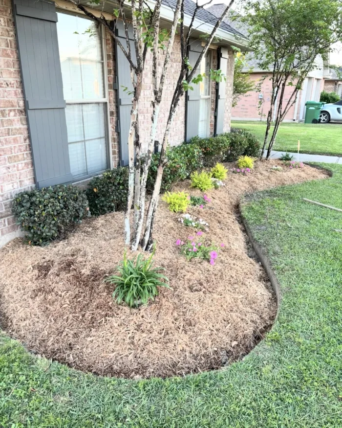 Flower bed after service — fresh mulch, clean edge, weeds cleared
